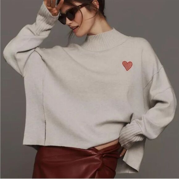 Anthropologie Sweaters - Anthropologie Maeve The Logan Gray Red Heart Modern Boho Pullover Sweater